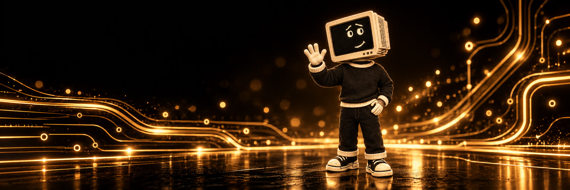 The Agent Guy — a felt figure with a cream CRT monitor for a head, waving on a floor of gold circuit light