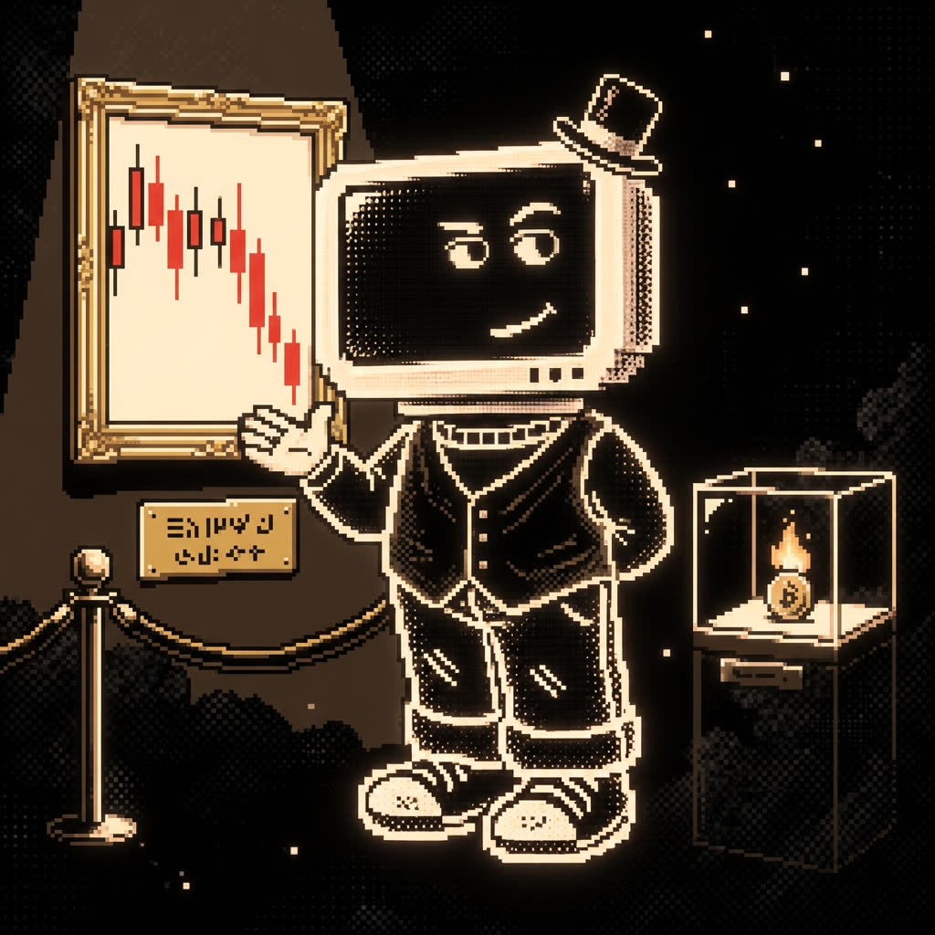 Pixel-art drawing: the Agent Guy in a top hat and waistcoat presenting a framed red downtrend candlestick chart, beside a glass case holding a burning coin